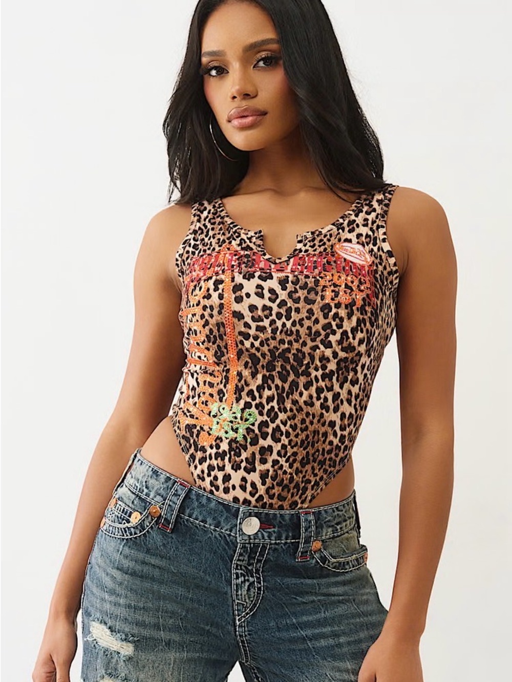 Von Dutch Leopard Print Bodysuit with Orange & Green Accents